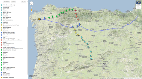 Den blå linjen er Camino Francés. Den andre ruta gikk jeg i 2010 (Camino Carmel)